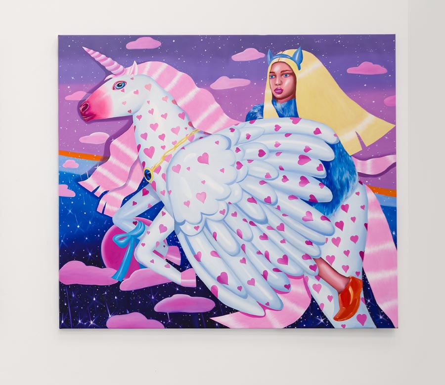 painting, ioana baltan, unicorn, girls, mythological, cartoon glam, pop art, london gallery