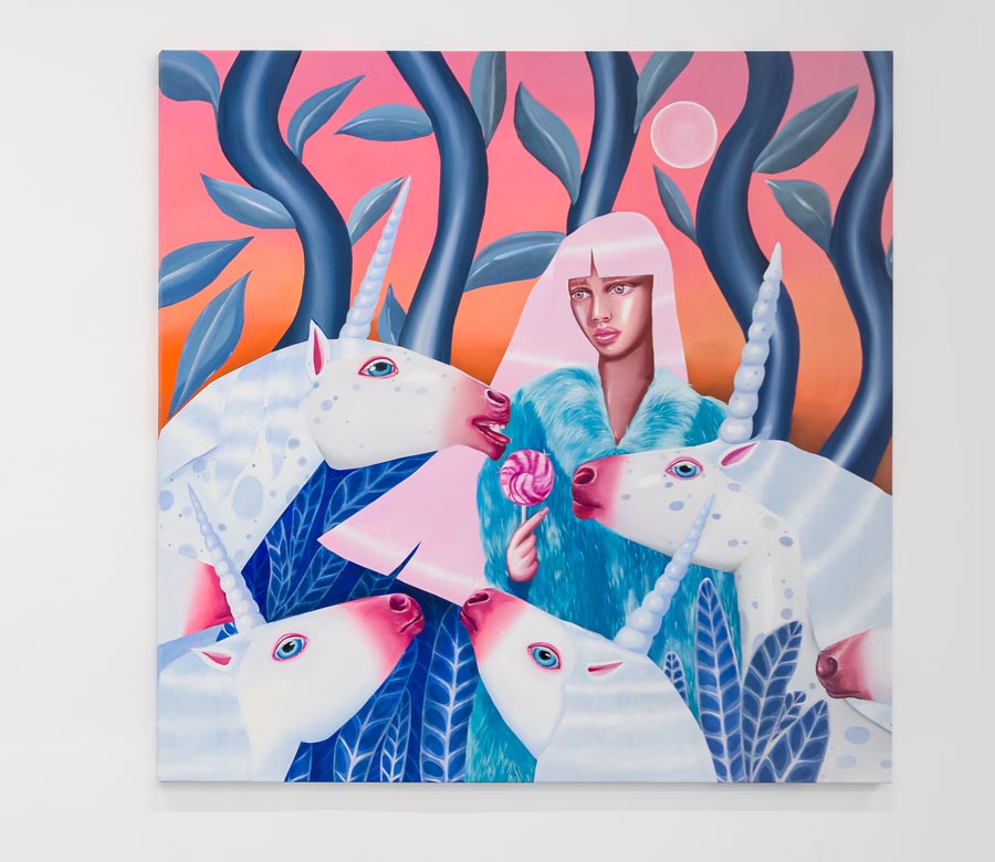 painting, ioana baltan, unicorns, lady, mythological, cartoon glam, pop art, london gallery